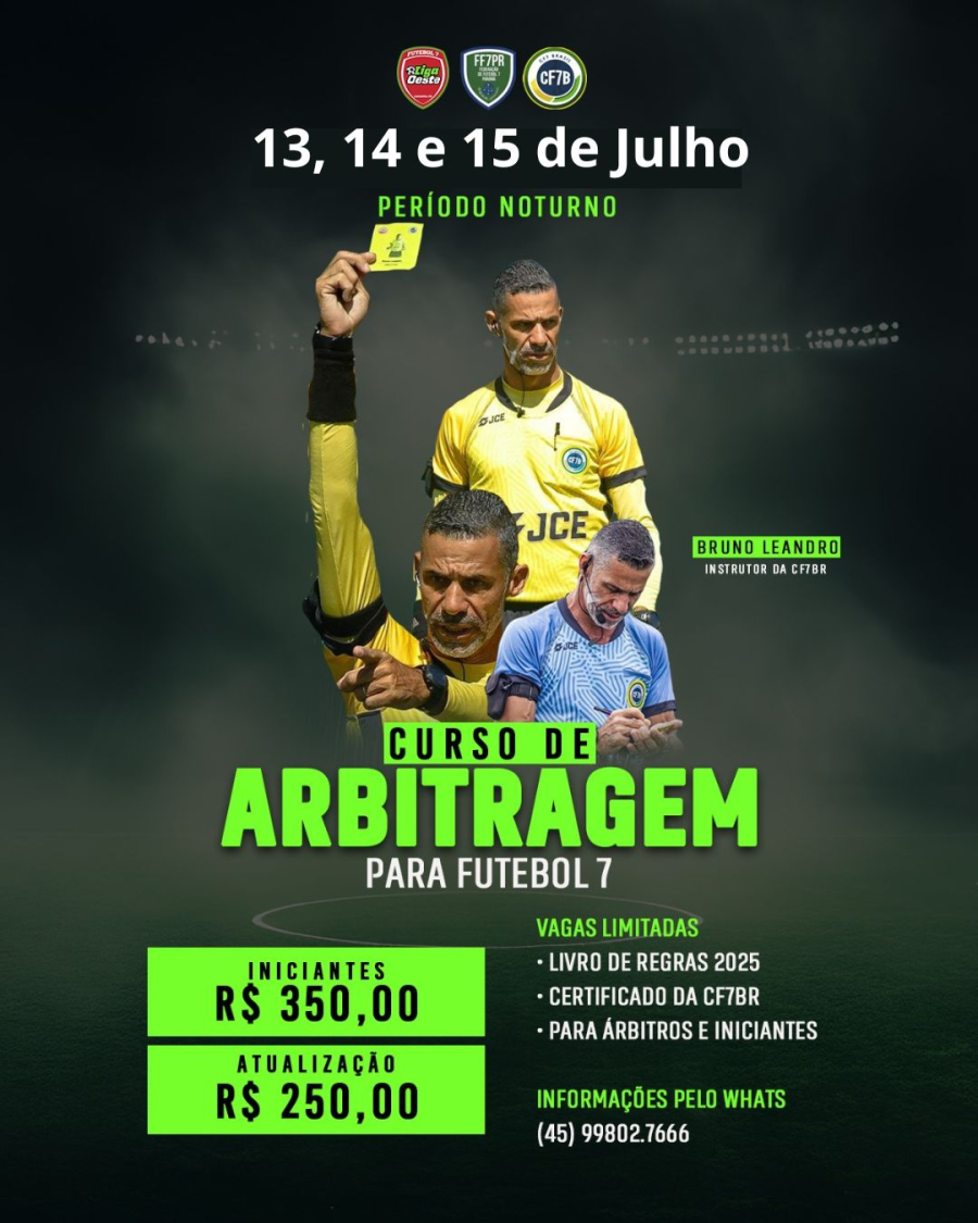 Curso de Arbitragem para Futebol 7 será realizado nos dias 13, 14 e 15 de julho